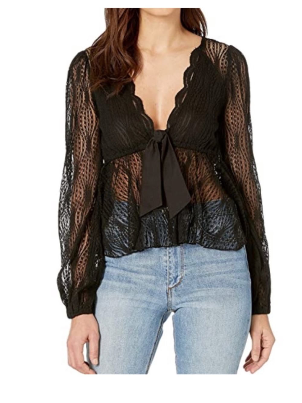 Free People Luisa Black Lace Long Sleeve Babydoll Top Size Extra Small (XS)